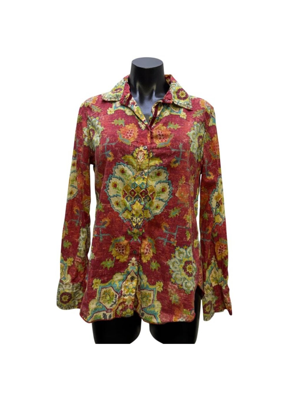 Cino Floral Button-Up Collared Blouse Red & Green Long Sleeve XS